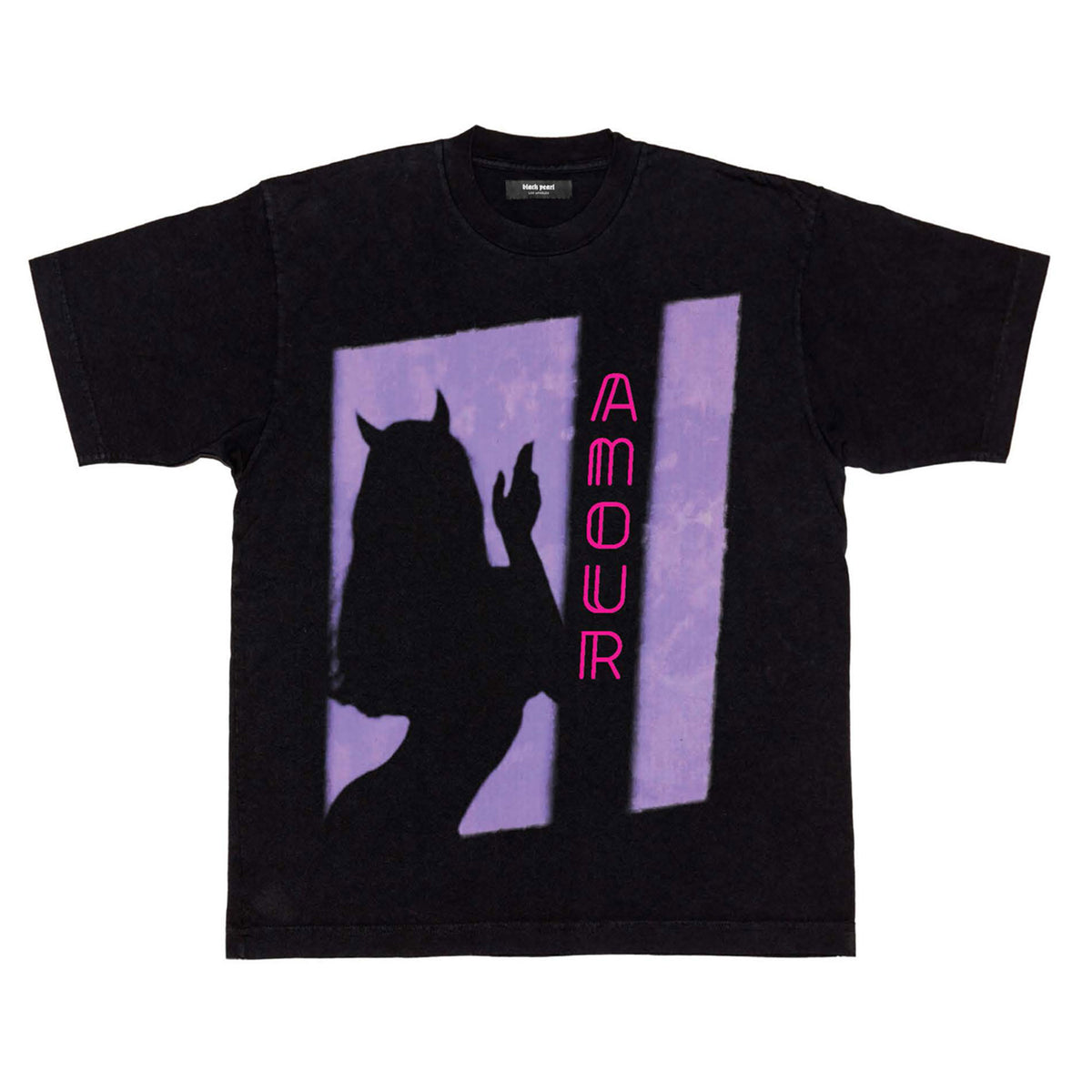 black pearl black graphic t-shirt with image of a female devil and says amour