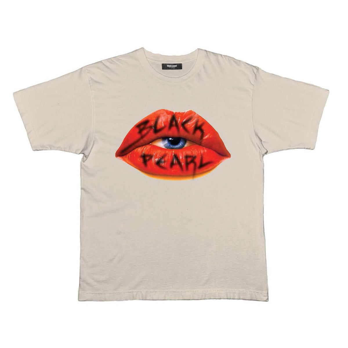 black pearl white t-shirt with lips and eyeball graphic with black pearl written on it