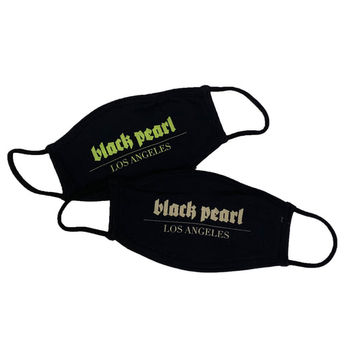 cotton face masks with black pearl logo in green and vintage white